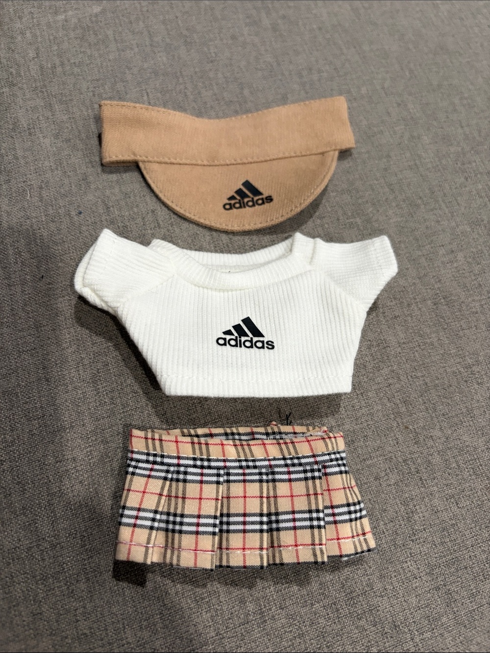 Labubu or Small Doll adidas White Top with Beige Visor and Skirt